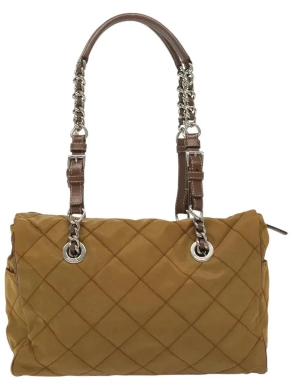 PRADA Chain Shoulder Bag Nylon Beige Silver Auth 140091